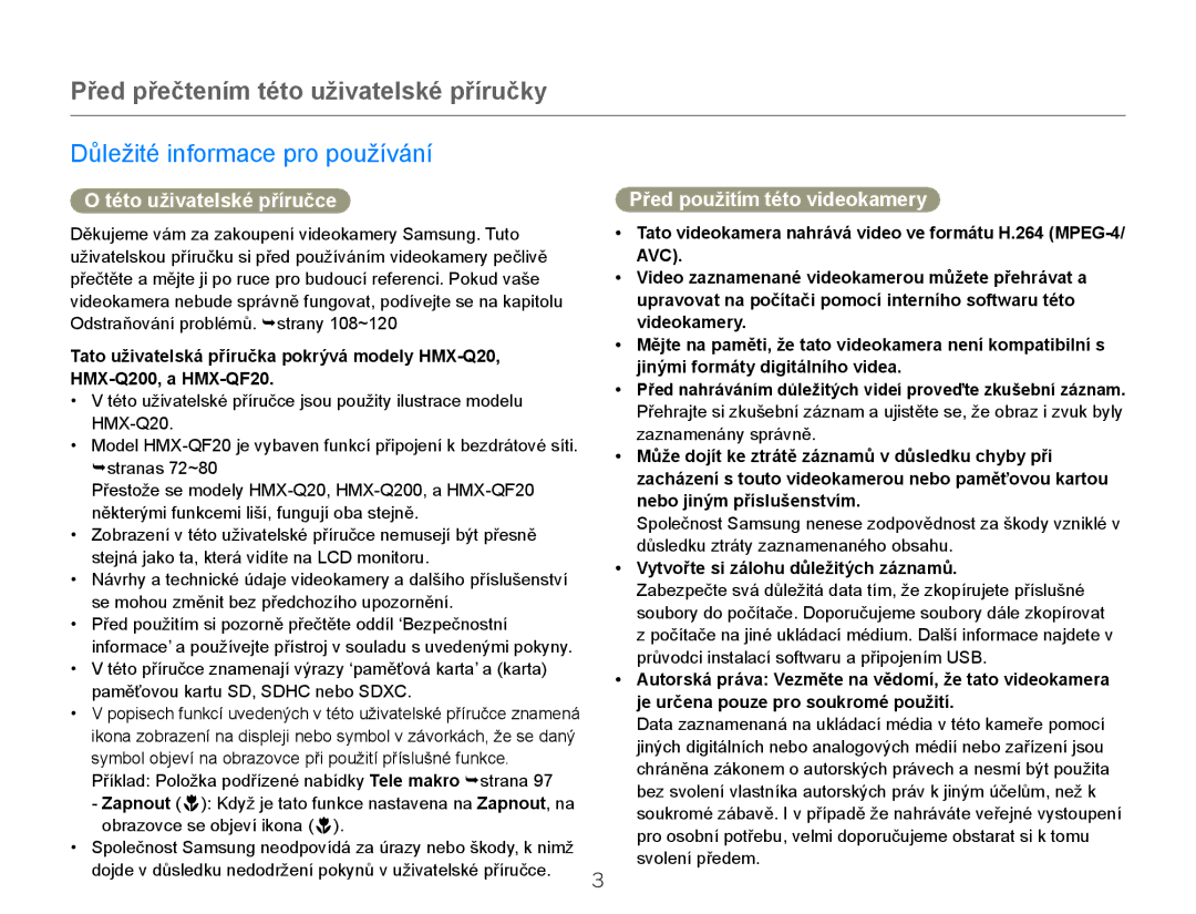 Samsung HMX-Q20BP/EDC, HMX-QF20BP/EDC manual Před přečtením této uživatelské příručky, Důležité informace pro používání 