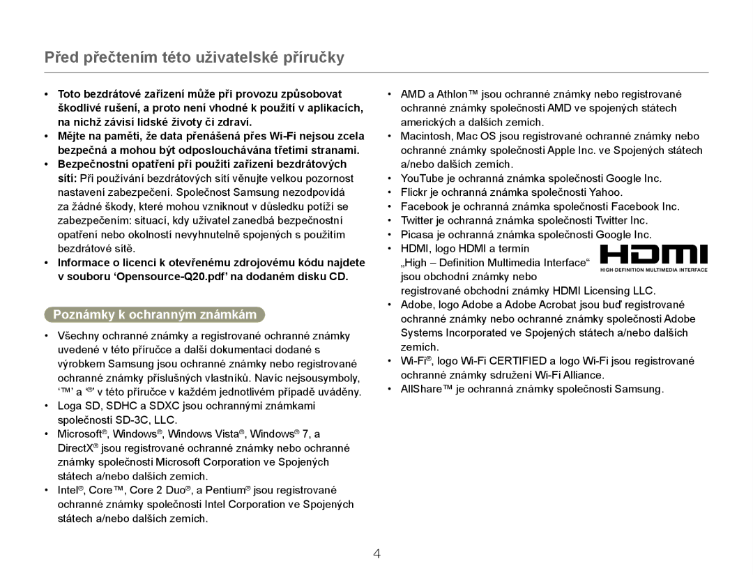 Samsung HMX-QF20BP/EDC, HMX-Q20BP/EDC manual Poznámky k ochranným známkám 