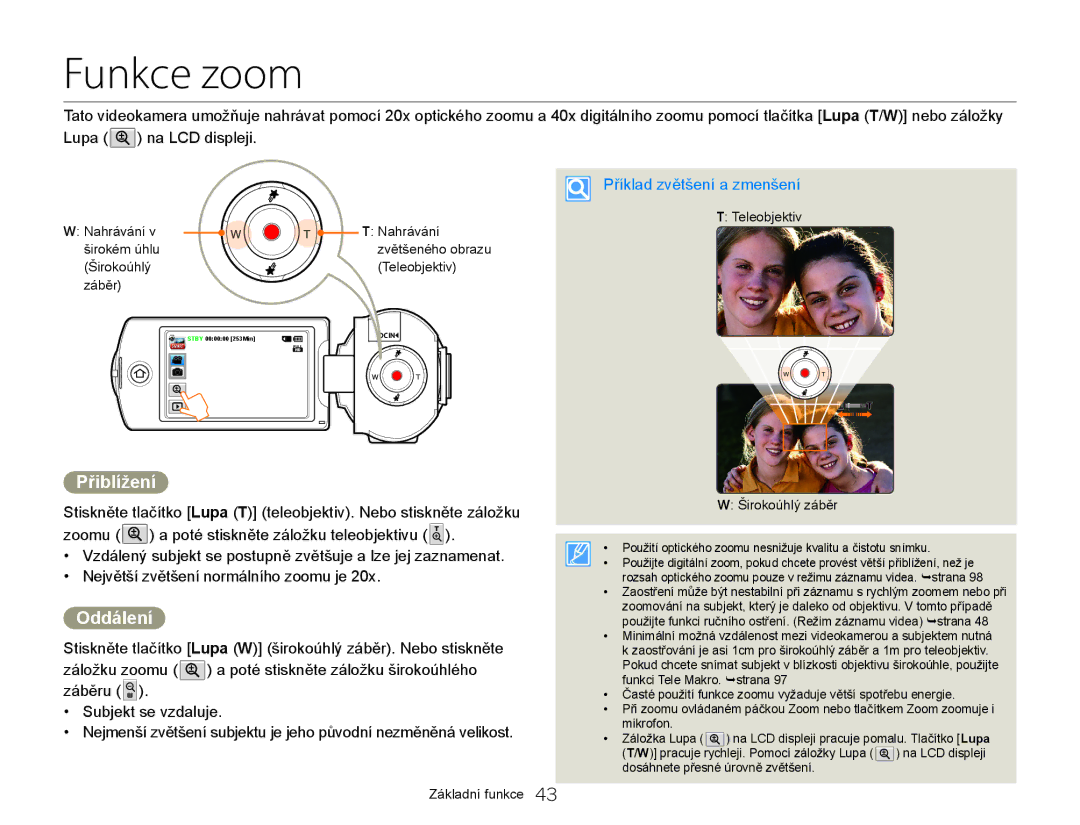 Samsung HMX-Q20BP/EDC, HMX-QF20BP/EDC manual Funkce zoom, Přiblížení, Oddálení, Příklad zvětšení a zmenšení 