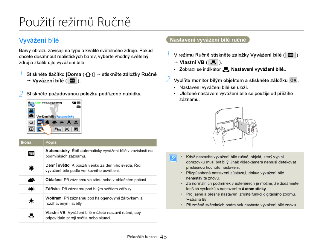 Samsung HMX-Q20BP/EDC, HMX-QF20BP/EDC manual Použití režimů Ručně, Vyvážení bílé, Nastavení vyvážení bílé ručně, Vlastní VB 