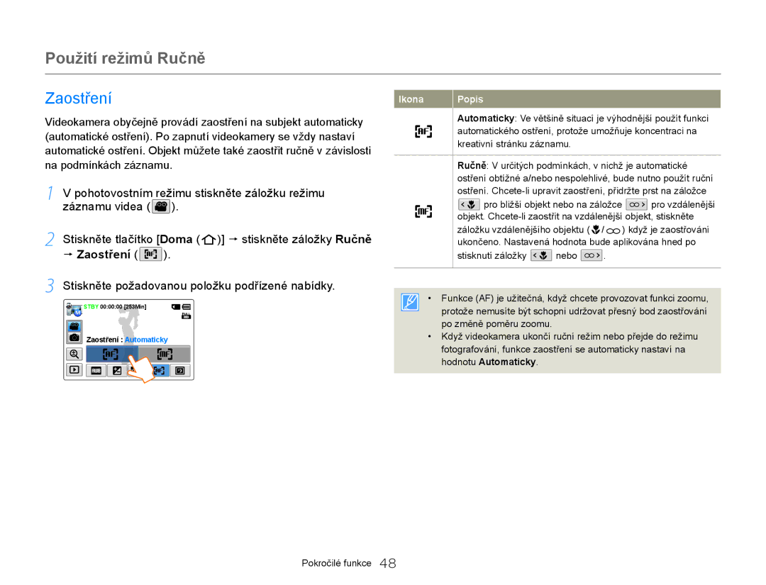 Samsung HMX-QF20BP/EDC, HMX-Q20BP/EDC manual Zaostření 