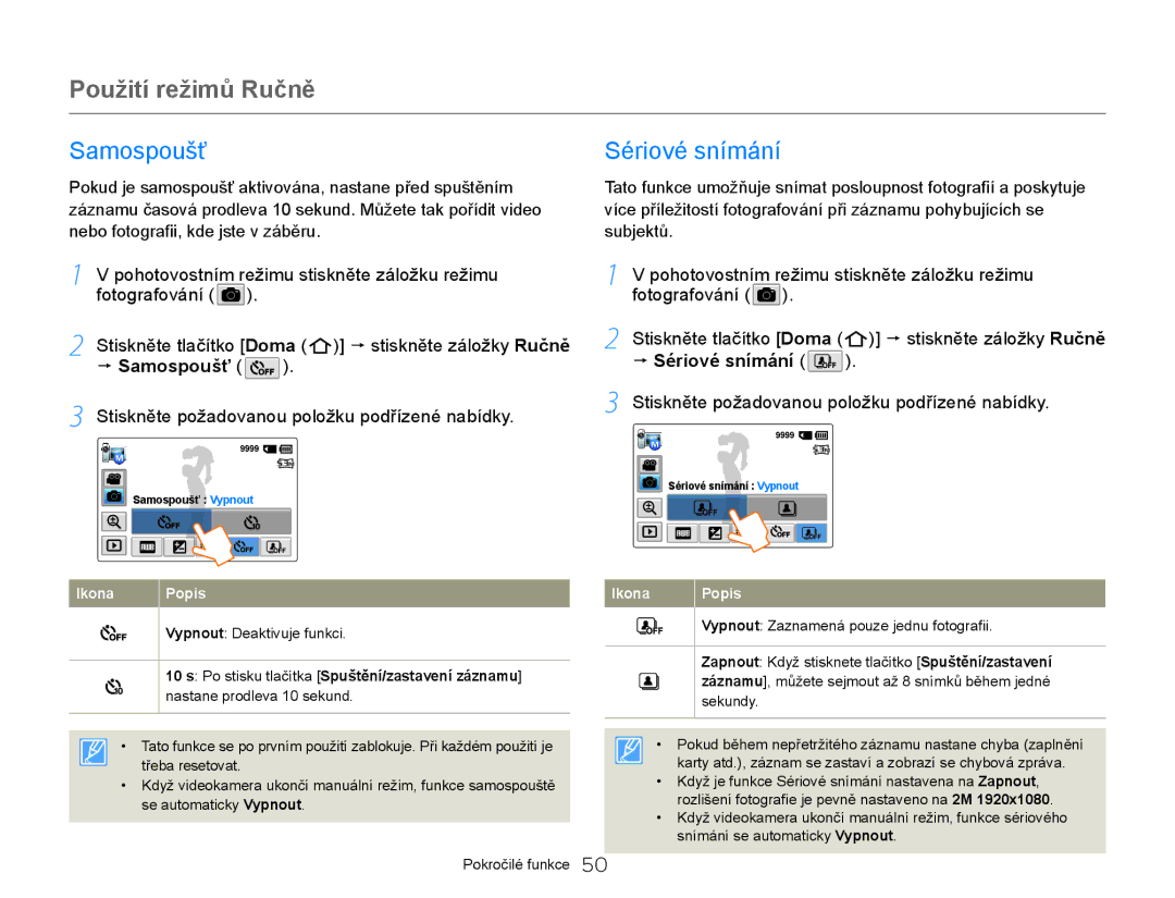 Samsung HMX-QF20BP/EDC, HMX-Q20BP/EDC manual Samospoušť, Sériové snímání 