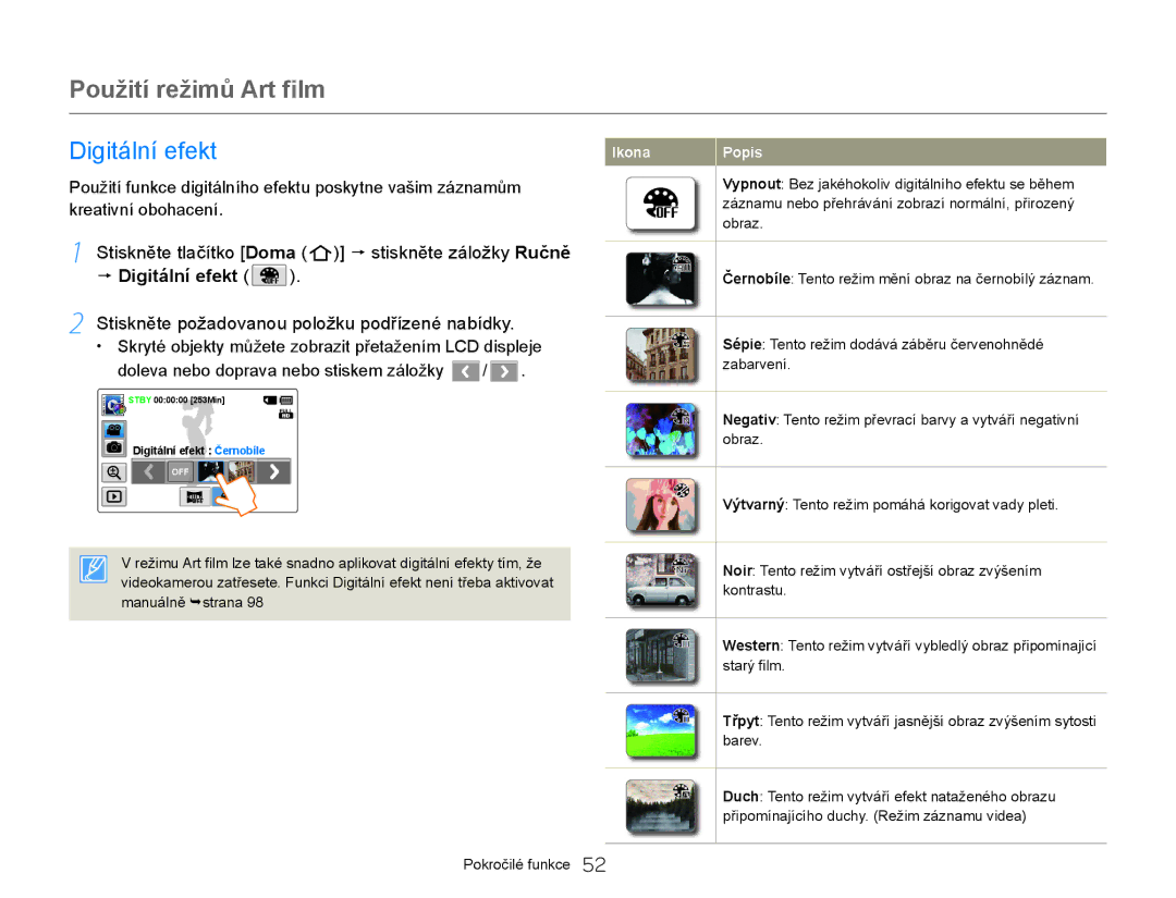 Samsung HMX-QF20BP/EDC, HMX-Q20BP/EDC manual Použití režimů Art film, Digitální efekt 