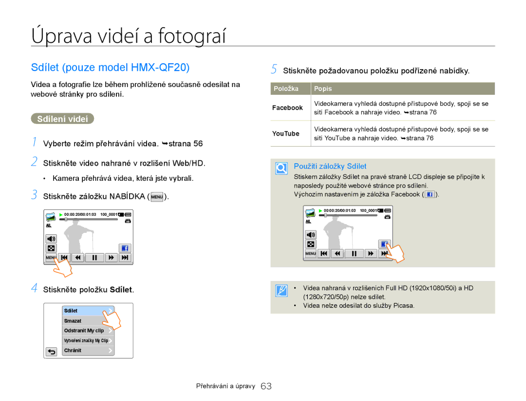 Samsung HMX-Q20BP/EDC manual Úprava videí a fotograí, Sdílet pouze model HMX-QF20, Sdílení videí, Stiskněte záložku Nabídka 