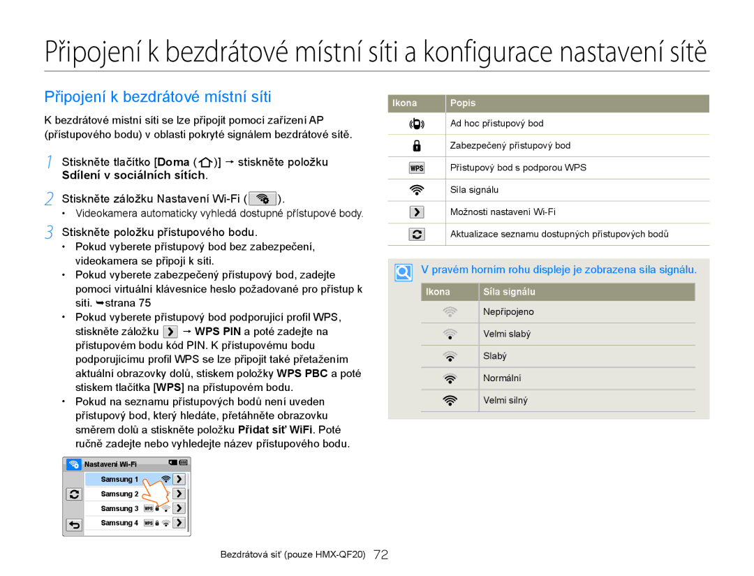 Samsung HMX-QF20BP/EDC, HMX-Q20BP/EDC manual Připojení k bezdrátové místní síti, Stiskněte záložku Nastavení Wi-Fi 