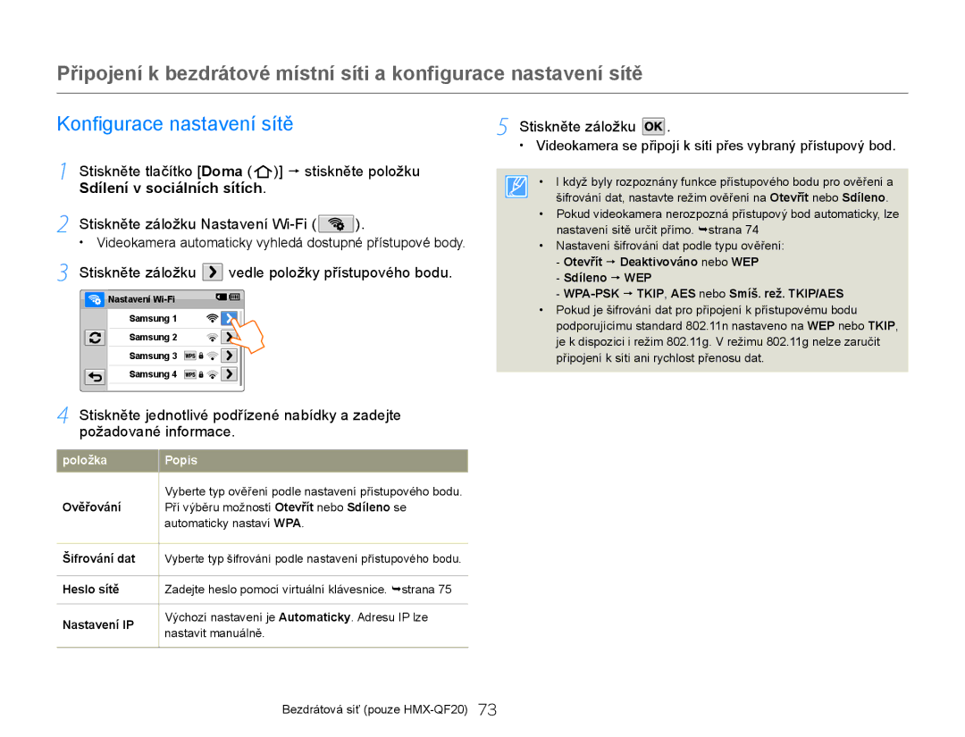 Samsung HMX-Q20BP/EDC, HMX-QF20BP/EDC manual Konfigurace nastavení sítě, Stiskněte záložku vedle položky přístupového bodu 