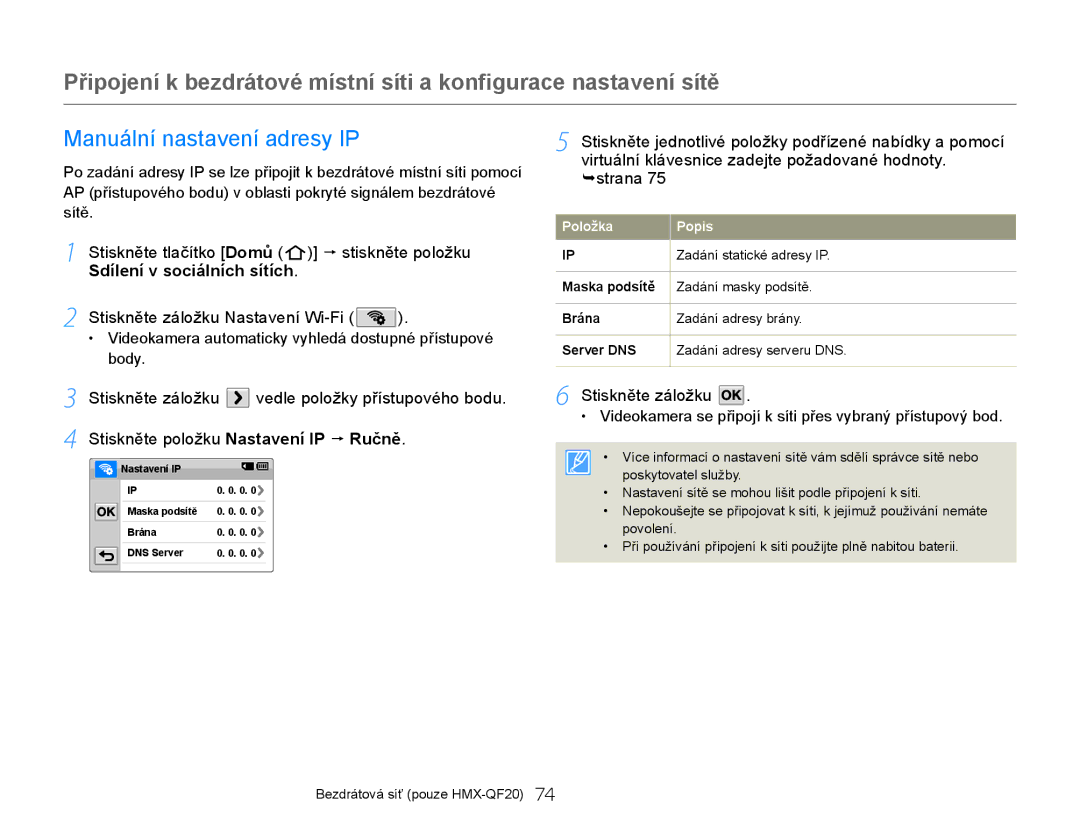 Samsung HMX-QF20BP/EDC, HMX-Q20BP/EDC manual Manuální nastavení adresy IP, Zadání statické adresy IP 