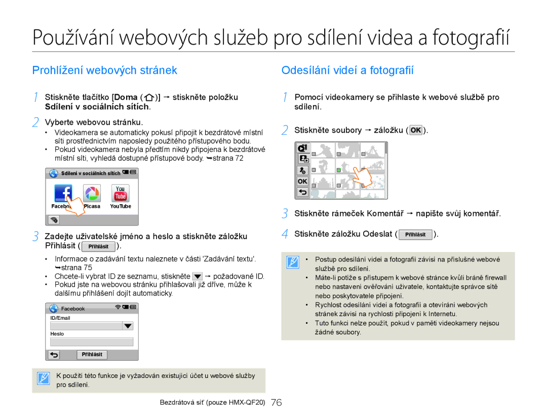 Samsung HMX-QF20BP/EDC, HMX-Q20BP/EDC Prohlížení webových stránek, Odesílání videí a fotografií, Vyberte webovou stránku 