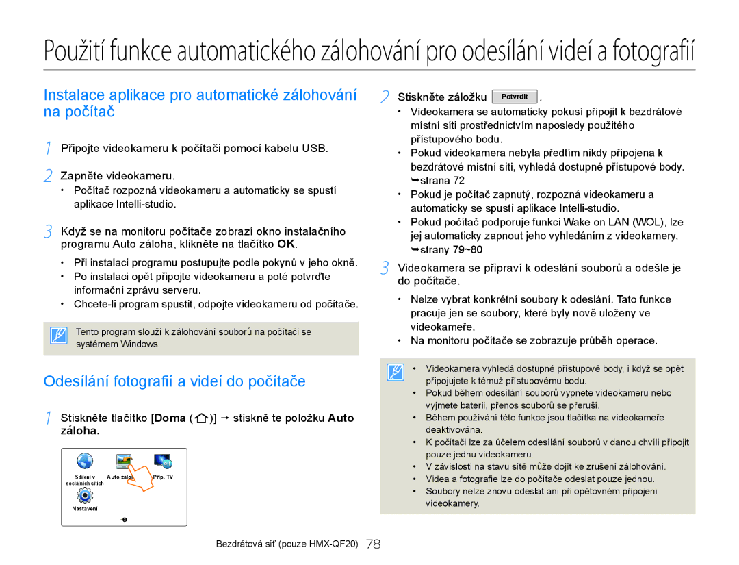 Samsung HMX-QF20BP/EDC Instalace aplikace pro automatické zálohování na počítač, Odesílání fotografií a videí do počítače 