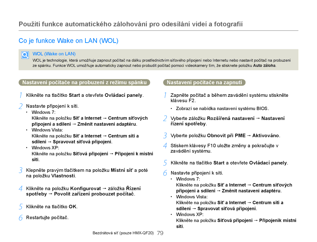 Samsung HMX-Q20BP/EDC manual Co je funkce Wake on LAN WOL, Nastavení počítače na probuzení z režimu spánku, WOL Wake on LAN 