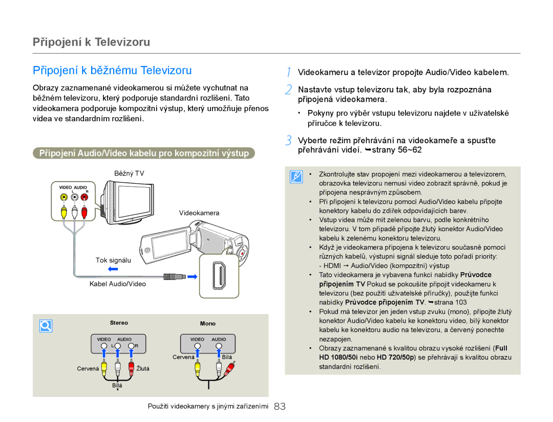 Samsung HMX-Q20BP/EDC, HMX-QF20BP/EDC manual Připojení k Televizoru, Připojení k běžnému Televizoru 