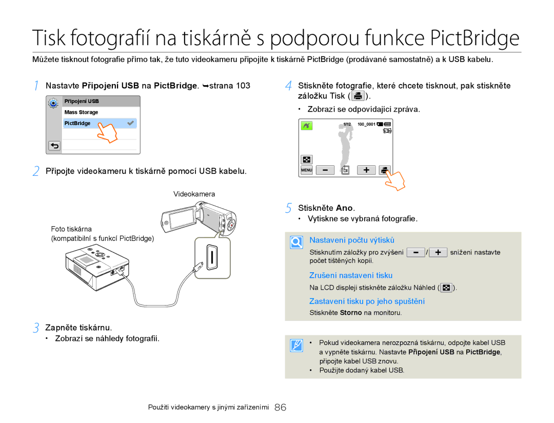 Samsung HMX-QF20BP/EDC Nastavte Připojení USB na PictBridge. ¬strana, Připojte videokameru k tiskárně pomocí USB kabelu 