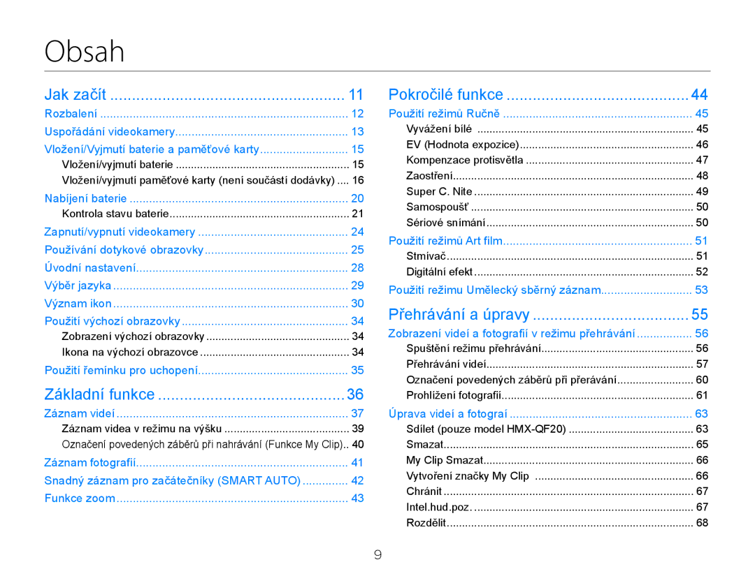 Samsung HMX-Q20BP/EDC manual Obsah, Vložení/Vyjmutí baterie a paměťové karty, Snadný záznam pro začátečníky Smart Auto 