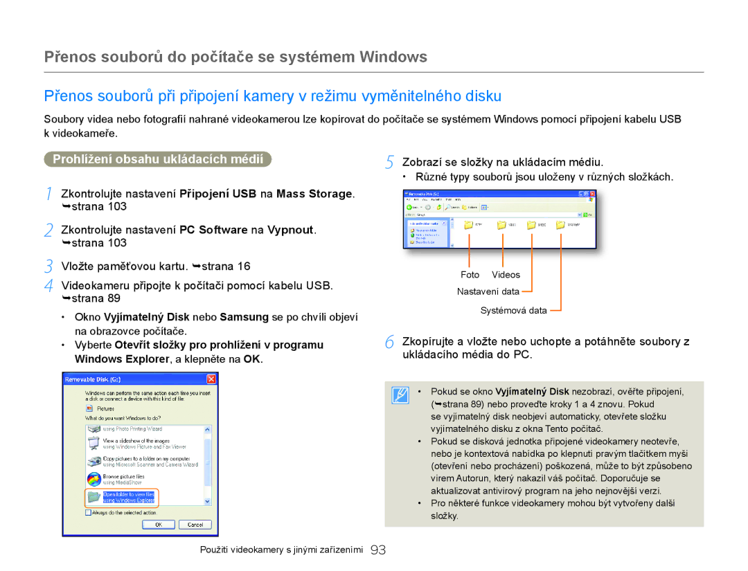 Samsung HMX-Q20BP/EDC, HMX-QF20BP/EDC manual Prohlížení obsahu ukládacích médií, Zobrazí se složky na ukládacím médiu 