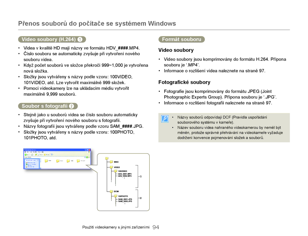 Samsung HMX-QF20BP/EDC, HMX-Q20BP/EDC manual Video soubory H.264, Soubor s fotografií, Formát souboru, Fotografické soubory 