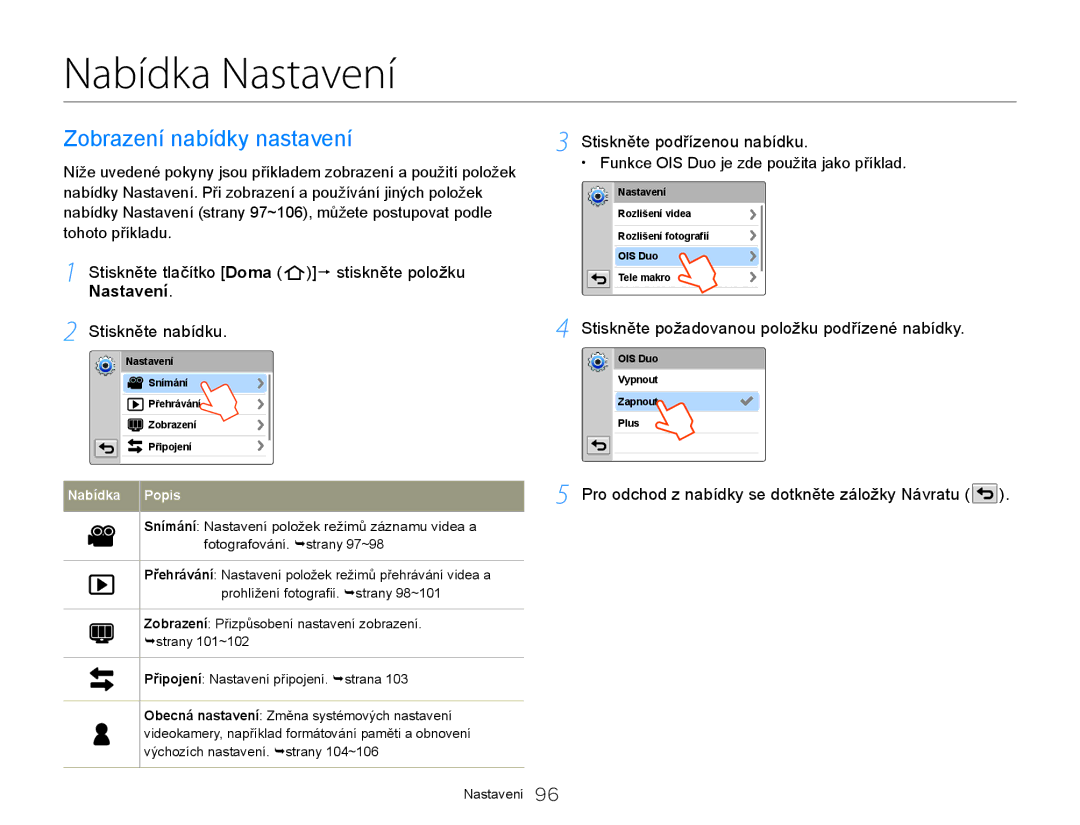 Samsung HMX-QF20BP/EDC, HMX-Q20BP/EDC manual Nabídka Nastavení, Zobrazení nabídky nastavení, Stiskněte podřízenou nabídku 