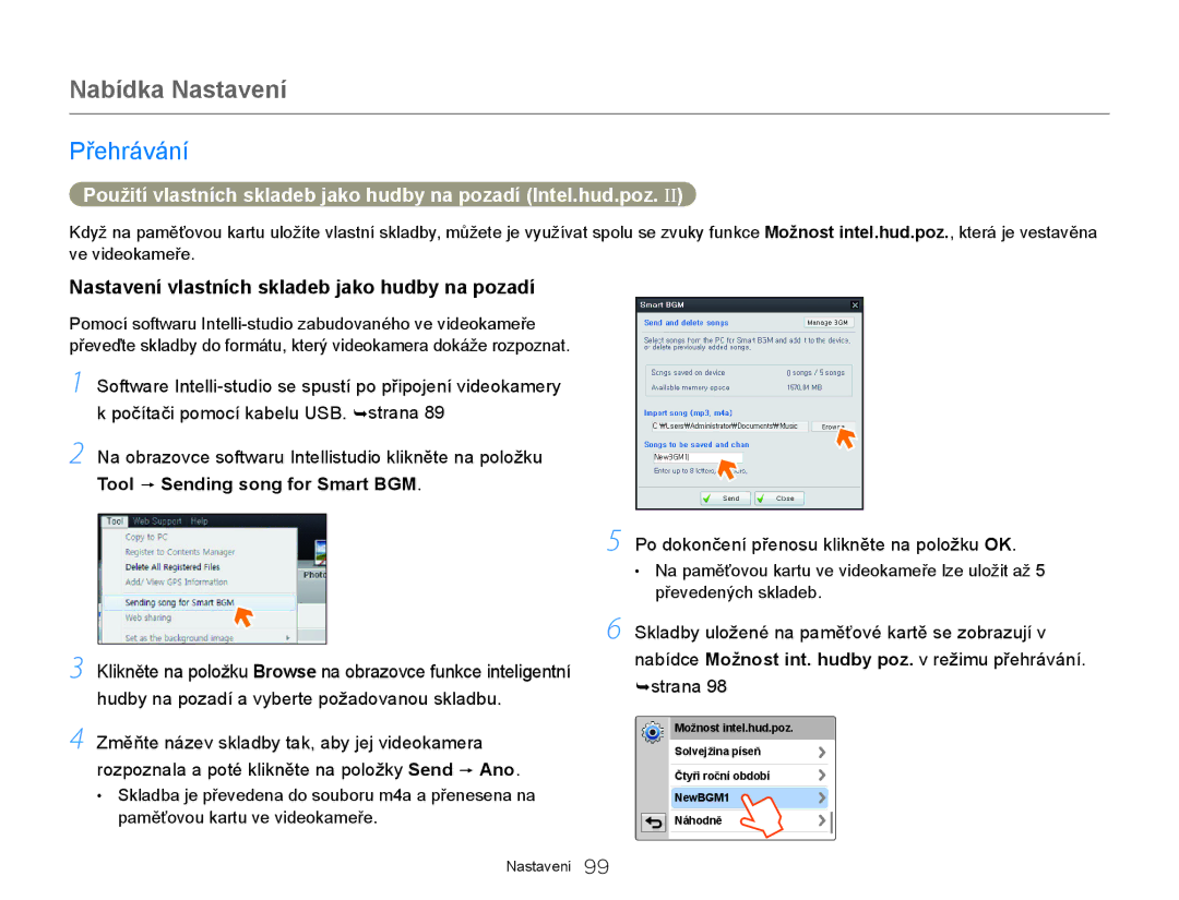 Samsung HMX-Q20BP/EDC manual Nastavení vlastních skladeb jako hudby na pozadí, Po dokončení přenosu klikněte na položku OK 