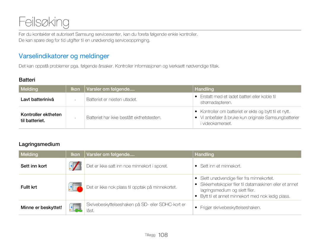 Samsung HMX-QF20BP/EDC, HMX-Q20BP/EDC manual Feilsøking, Varselindikatorer og meldinger, Batteri, Lagringsmedium 