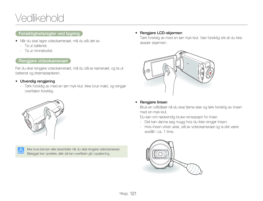 Samsung HMX-Q20BP/EDC, HMX-QF20BP/EDC manual Vedlikehold, Forsiktighetsregler ved lagring, Rengjøre videokameraet 