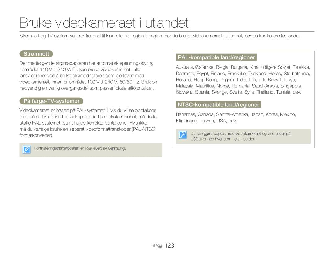 Samsung HMX-Q20BP/EDC manual Bruke videokameraet i utlandet, Strømnett, På farge-TV-systemer, PAL-kompatible land/regioner 