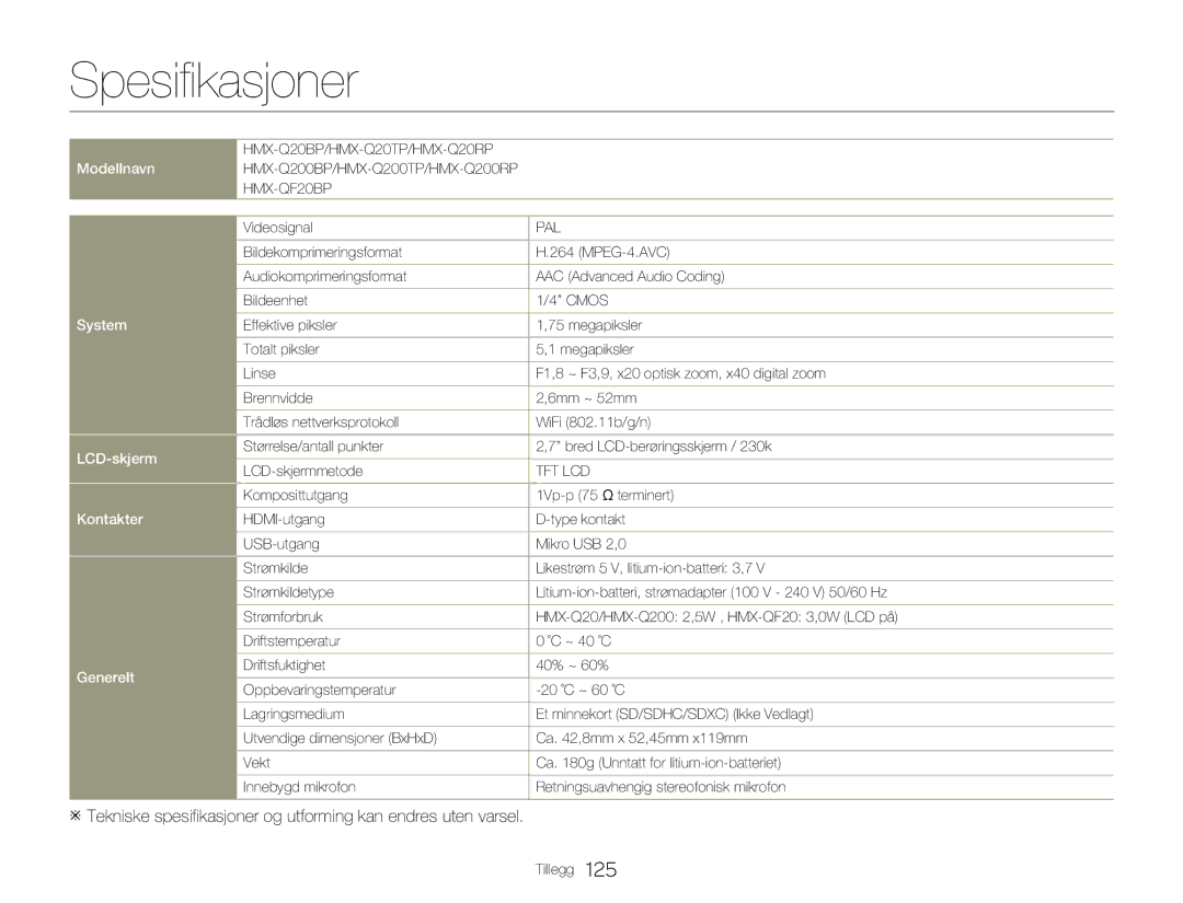 Samsung HMX-Q20BP/EDC, HMX-QF20BP/EDC manual Spesifikasjoner, Tekniske spesifikasjoner og utforming kan endres uten varsel 