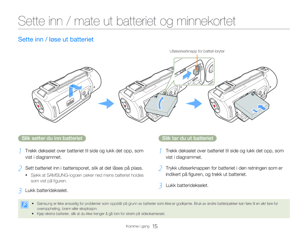 Samsung HMX-Q20BP/EDC Sette inn / mate ut batteriet og minnekortet, Sette inn / løse ut batteriet, Lukk batteridekselet 