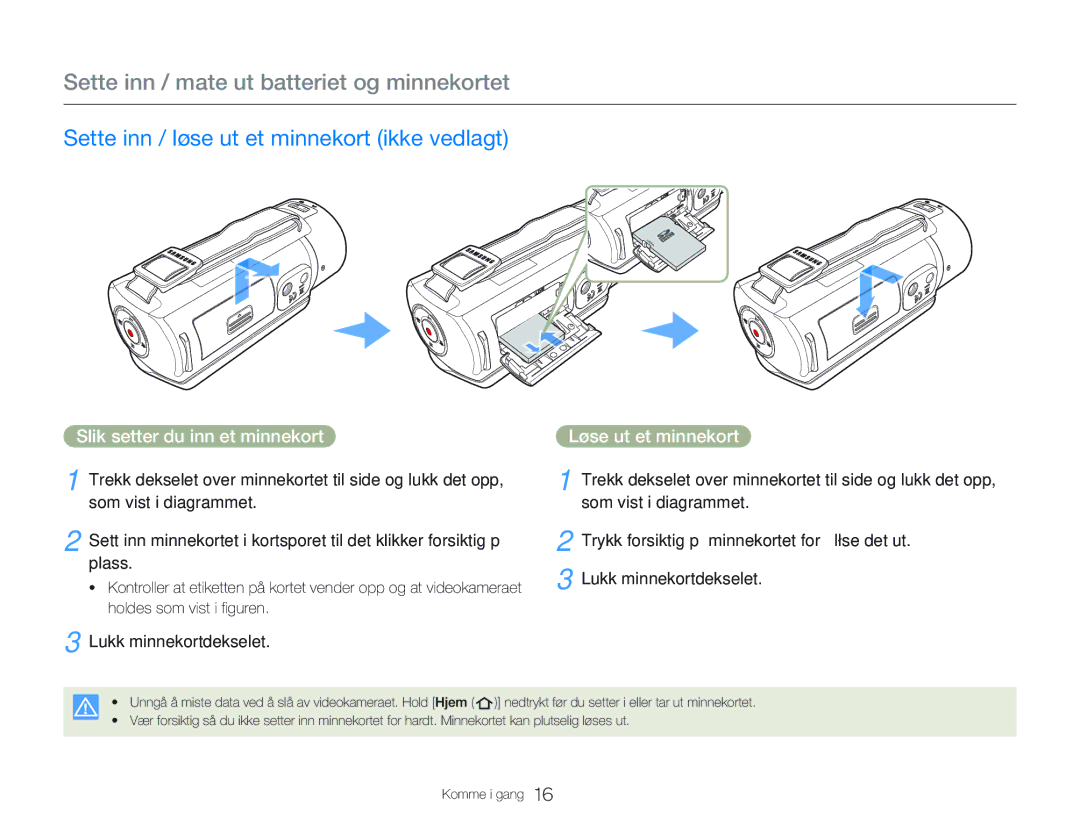 Samsung HMX-QF20BP/EDC manual Sette inn / mate ut batteriet og minnekortet, Sette inn / løse ut et minnekort ikke vedlagt 