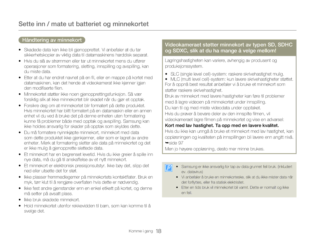 Samsung HMX-QF20BP/EDC, HMX-Q20BP/EDC manual Håndtering av minnekort 