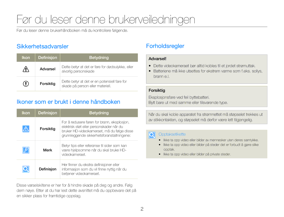 Samsung HMX-QF20BP/EDC Før du leser denne brukerveiledningen, Sikkerhetsadvarsler, Ikoner som er brukt i denne håndboken 