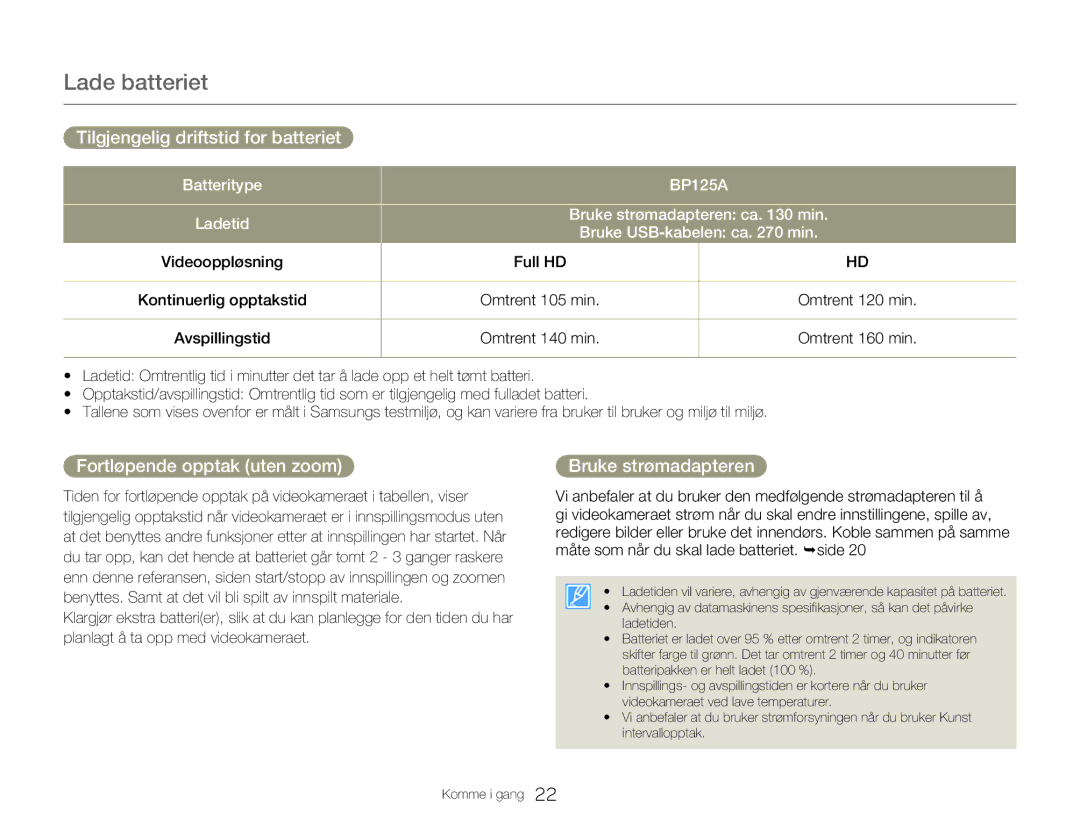 Samsung HMX-QF20BP/EDC, HMX-Q20BP/EDC manual Tilgjengelig driftstid for batteriet, Fortløpende opptak uten zoom 