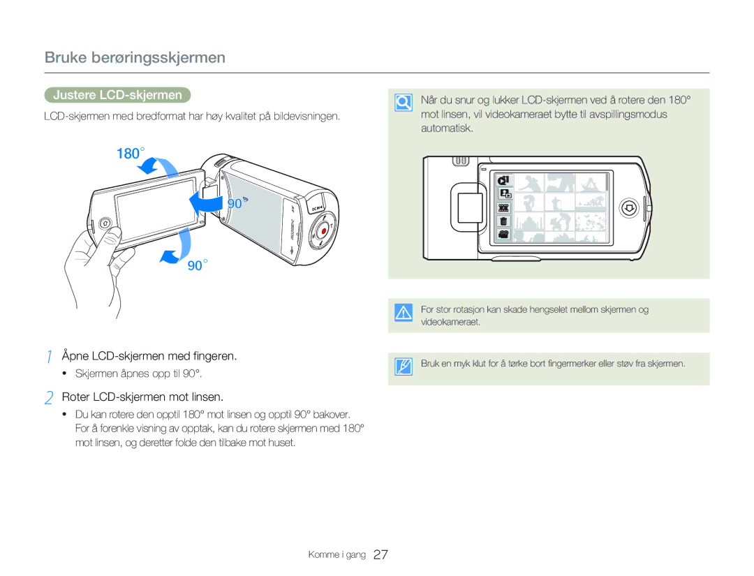 Samsung HMX-Q20BP/EDC Justere LCD-skjermen, Åpne LCD-skjermen med fingeren, Roter LCD-skjermen mot linsen, Automatisk 