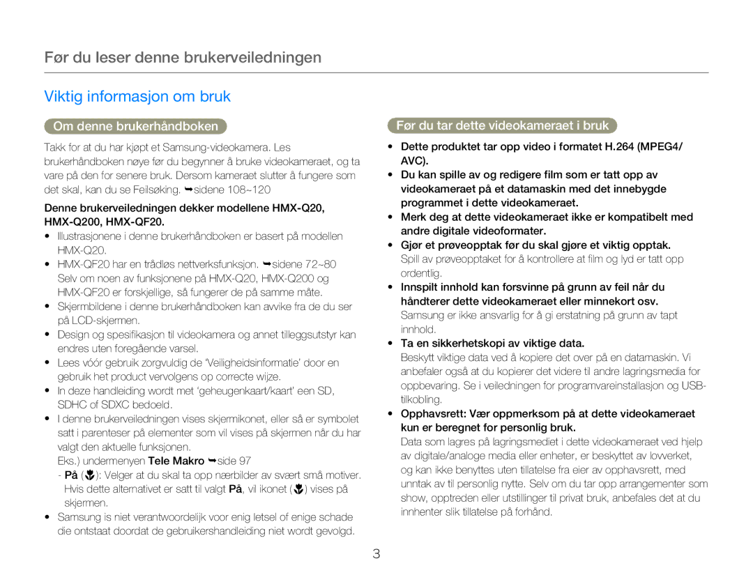 Samsung HMX-Q20BP/EDC manual Før du leser denne brukerveiledningen, Viktig informasjon om bruk, Om denne brukerhåndboken 