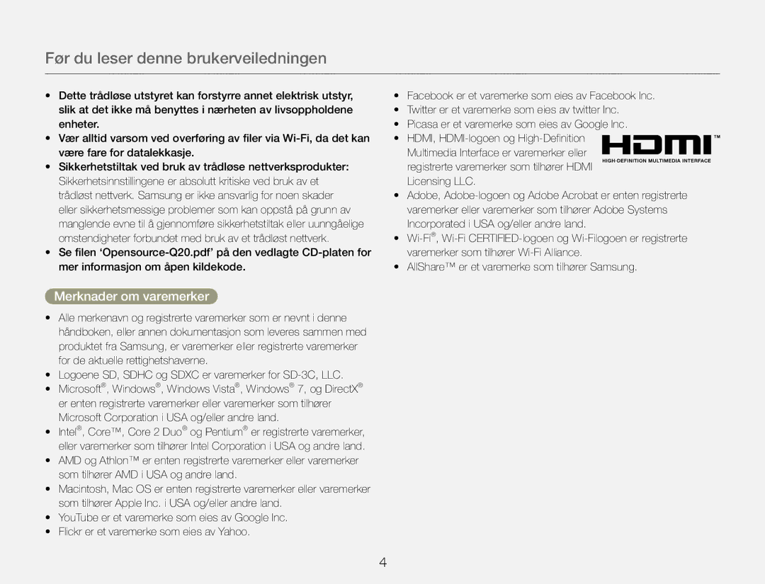 Samsung HMX-QF20BP/EDC, HMX-Q20BP/EDC manual Merknader om varemerker 