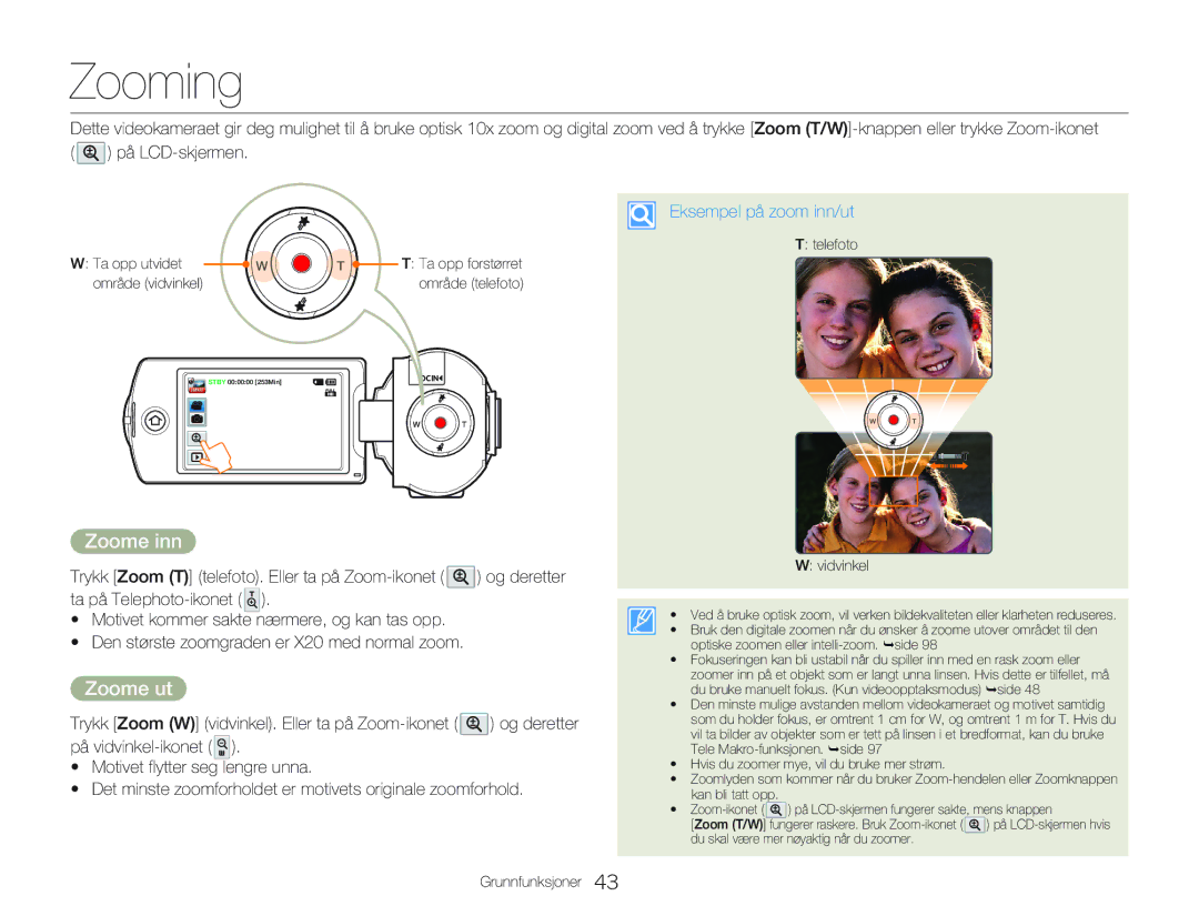 Samsung HMX-Q20BP/EDC, HMX-QF20BP/EDC manual Zooming, Zoome inn, Zoome ut 