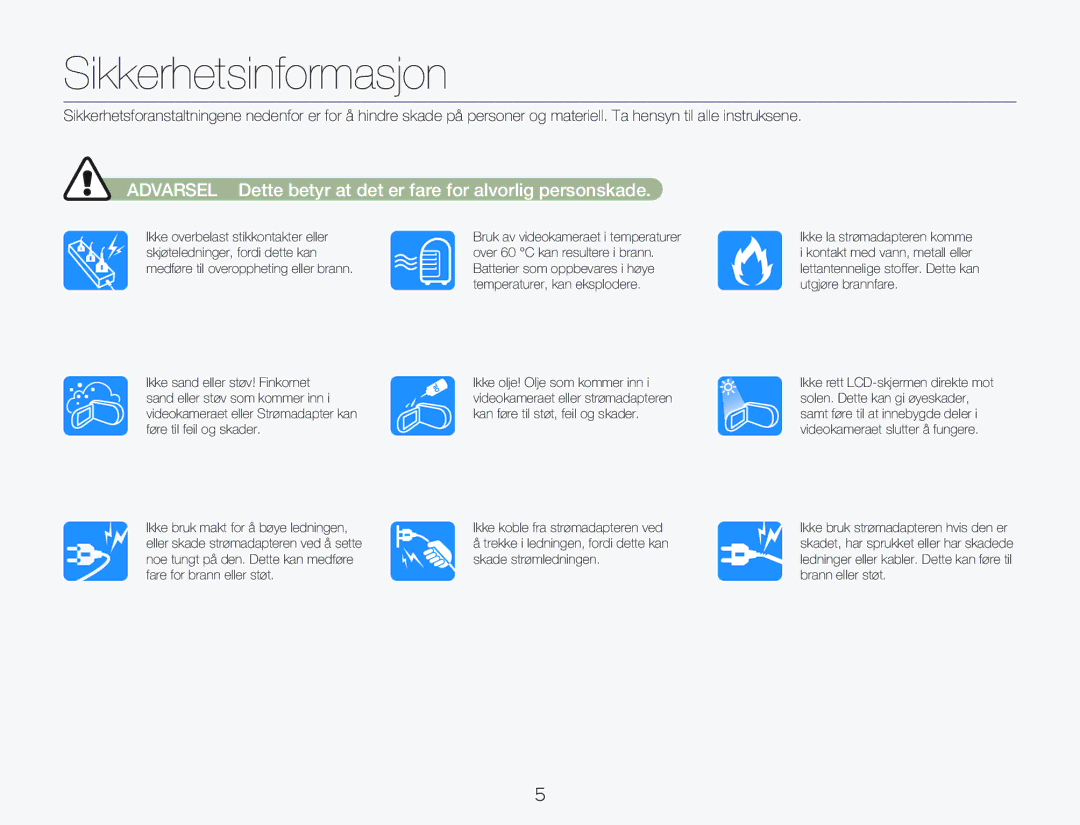 Samsung HMX-Q20BP/EDC, HMX-QF20BP/EDC manual Sikkerhetsinformasjon 