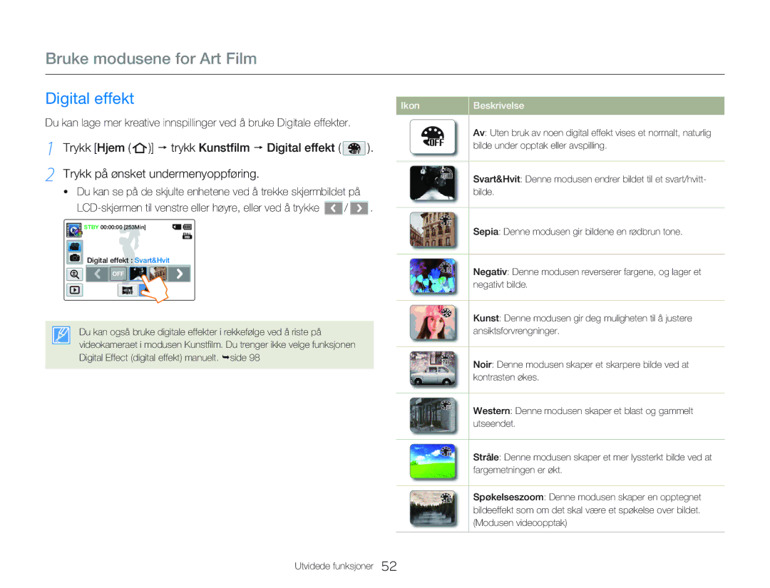 Samsung HMX-QF20BP/EDC, HMX-Q20BP/EDC manual Bruke modusene for Art Film, Digital effekt 