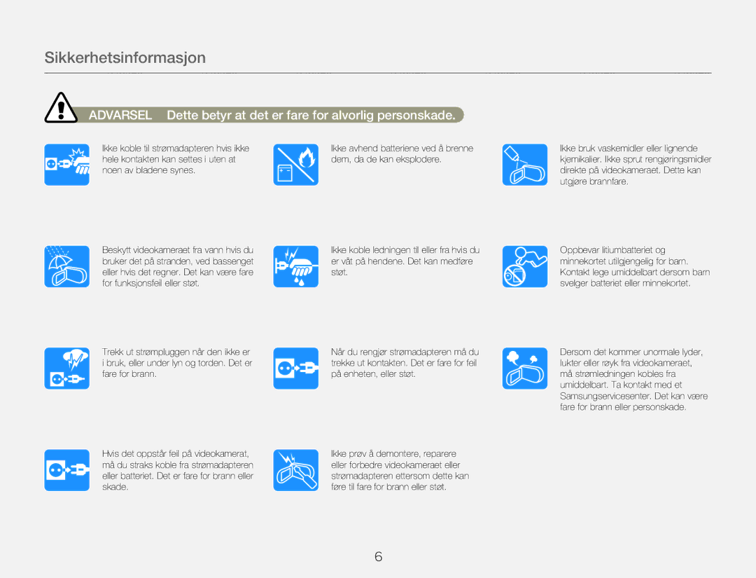 Samsung HMX-QF20BP/EDC, HMX-Q20BP/EDC manual Sikkerhetsinformasjon 