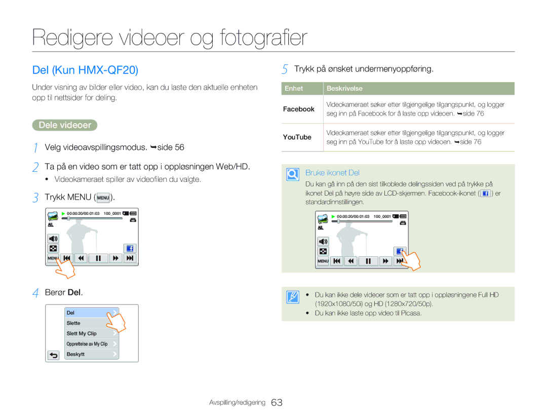 Samsung HMX-Q20BP/EDC manual Redigere videoer og fotografier, Del Kun HMX-QF20, Dele videoer, Trykk Menu, Berør Del 