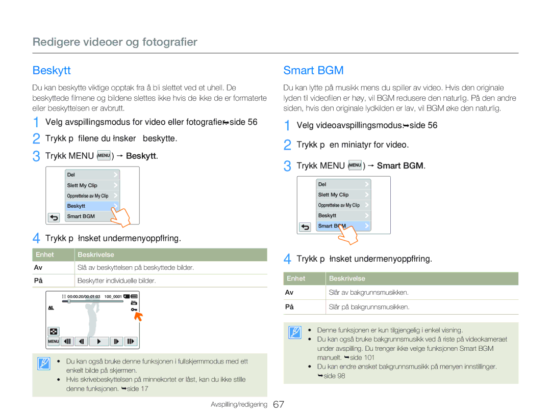 Samsung HMX-Q20BP/EDC, HMX-QF20BP/EDC manual Beskytt, Smart BGM 