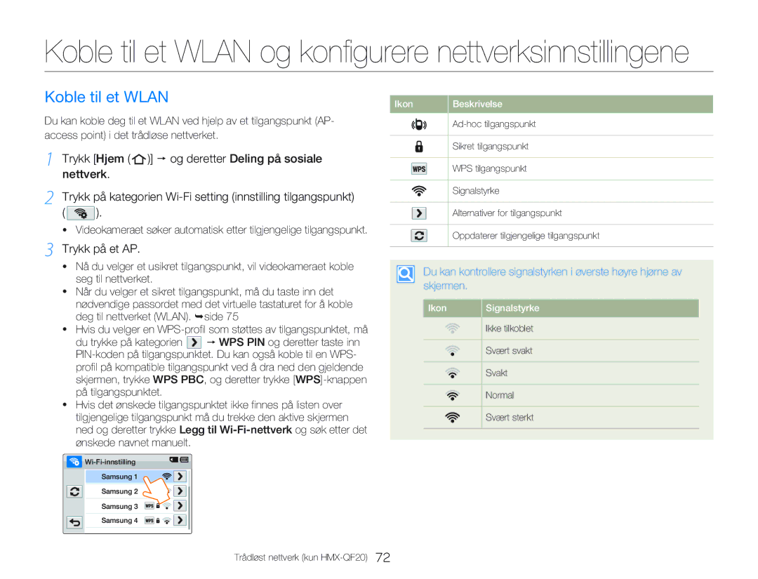 Samsung HMX-QF20BP/EDC, HMX-Q20BP/EDC manual Koble til et Wlan, Trykk Hjem p og deretter Deling på sosiale, Trykk på et AP 