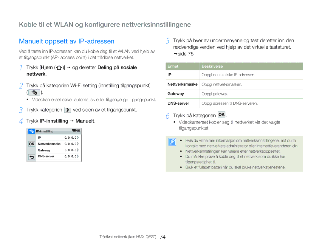 Samsung HMX-QF20BP/EDC, HMX-Q20BP/EDC manual Manuelt oppsett av IP-adressen 