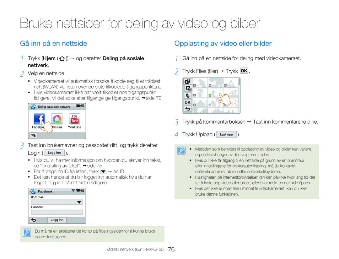 Samsung HMX-QF20BP/EDC, HMX-Q20BP/EDC manual Bruke nettsider for deling av video og bilder, Gå inn på en nettside 