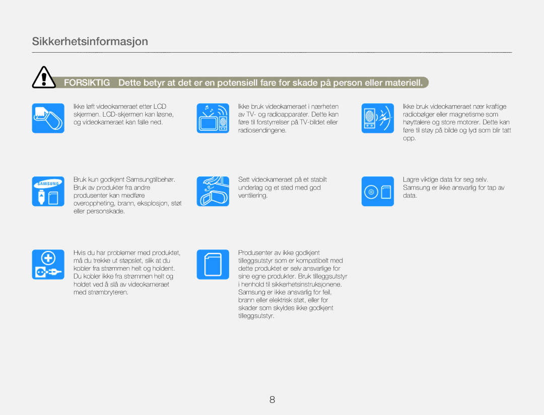 Samsung HMX-QF20BP/EDC, HMX-Q20BP/EDC manual Sikkerhetsinformasjon 