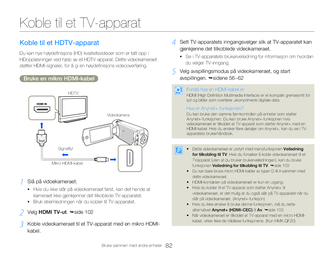 Samsung HMX-QF20BP/EDC Koble til et TV-apparat, Koble til et HDTV-apparat, Bruke en mikro HDMI-kabel, Slå på vidoekameraet 