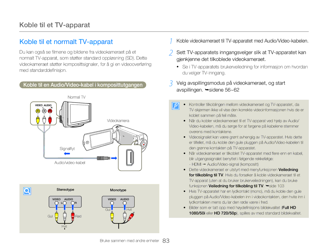 Samsung HMX-Q20BP/EDC, HMX-QF20BP/EDC manual Koble til et TV-apparat, Koble til et normalt TV-apparat 