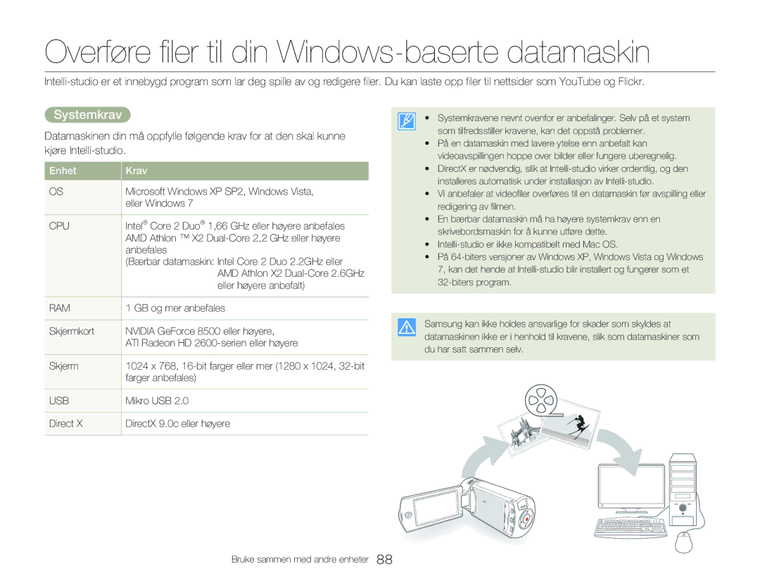 Samsung HMX-QF20BP/EDC, HMX-Q20BP/EDC manual Overføre filer til din Windows-baserte datamaskin, Systemkrav 