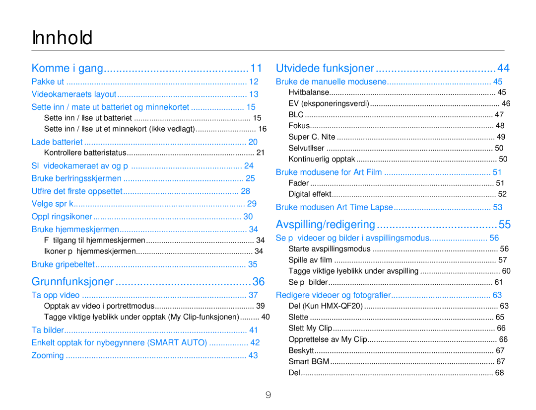Samsung HMX-Q20BP/EDC Innhold, Sette inn / mate ut batteriet og minnekortet, Enkelt opptak for nybegynnere Smart Auto 
