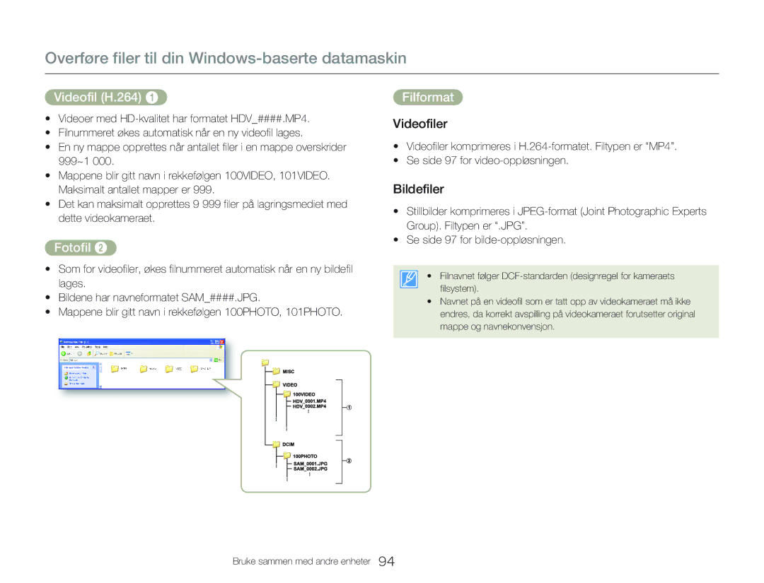 Samsung HMX-QF20BP/EDC, HMX-Q20BP/EDC manual Videofil H.264, Fotofil, Filformat, Videofiler, Bildefiler 