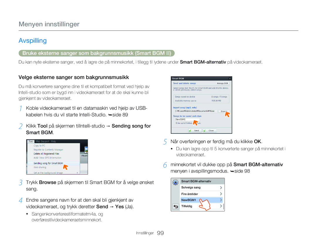 Samsung HMX-Q20BP/EDC manual Bruke eksterne sanger som bakgrunnsmusikk Smart BGM, Velge eksterne sanger som bakgrunnsmusikk 