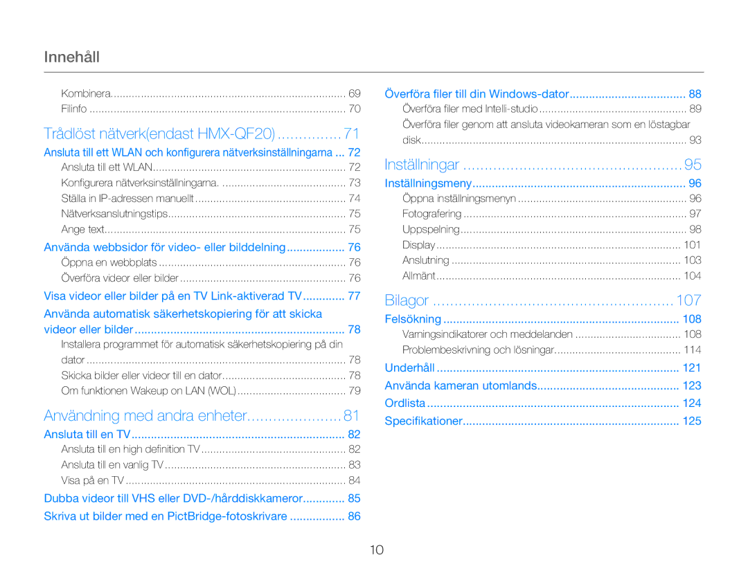 Samsung HMX-QF20BP/EDC, HMX-Q20BP/EDC manual Innehåll, 107, Använda webbsidor för video- eller bilddelning 